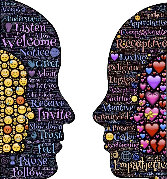 A stylized graphic showing two heads talking about listening and empathy.